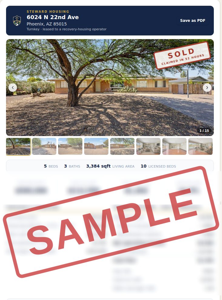 A Steward deal sheet: photos, purchase and financing, cash flow, and returns on one page